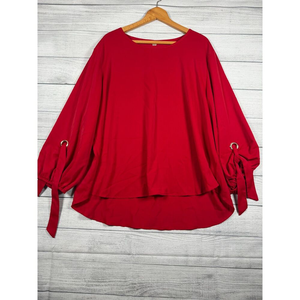 Womens 5XL Red High Low Blouse Gold Grommet Tie Sleeve Plus Size Top 4234